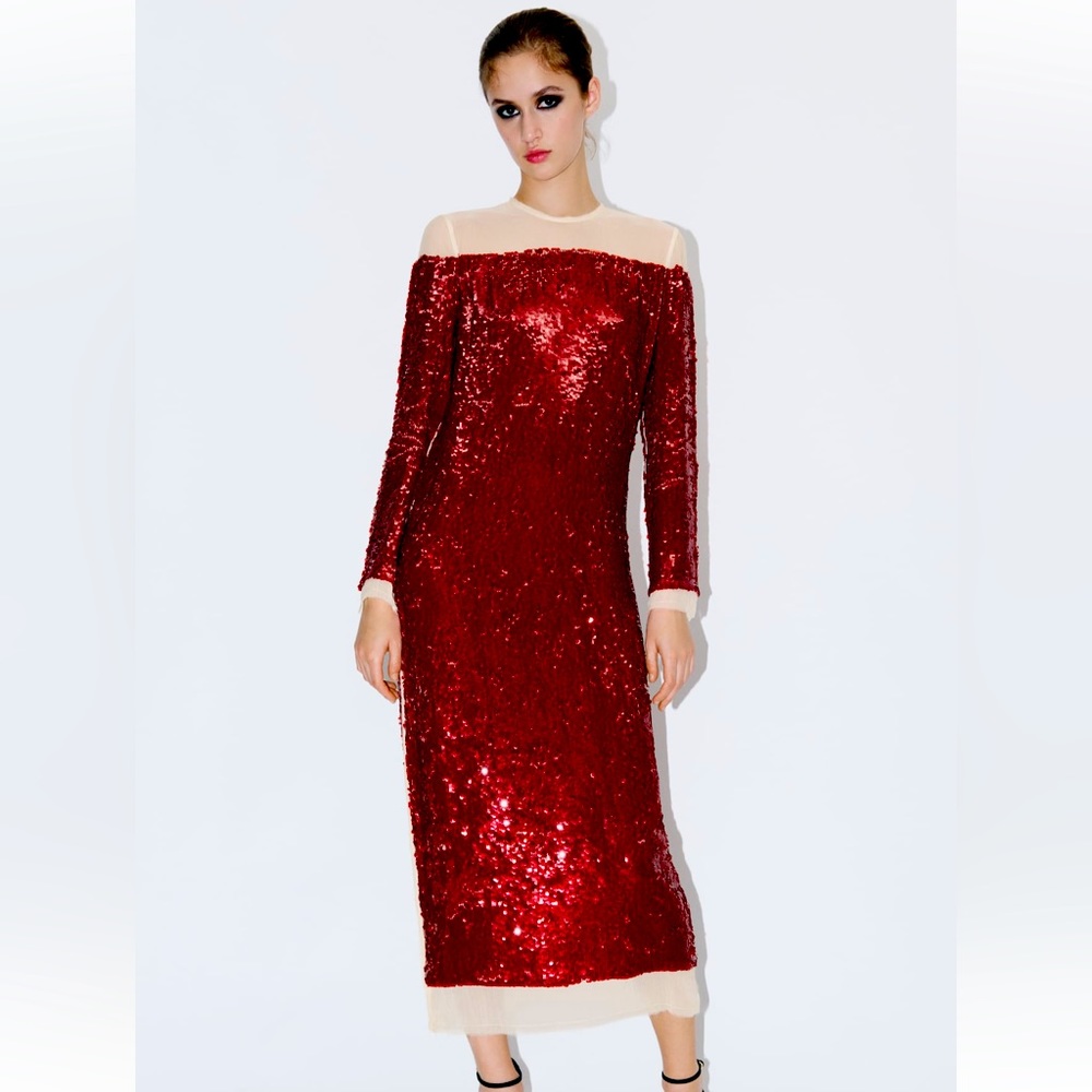 Zara sequin chiffon red dress